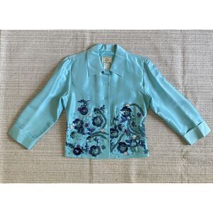 ICE Womens Turquoise Silk Embroidered Blouse M Floral Sequin Button Front Vtg